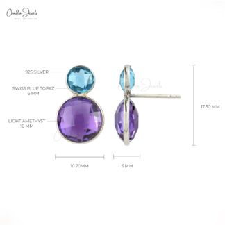 AAA Amethyst & Swiss Blue Topaz Briolette 2 Stone Stud Earrings In 925 Sterling Silver