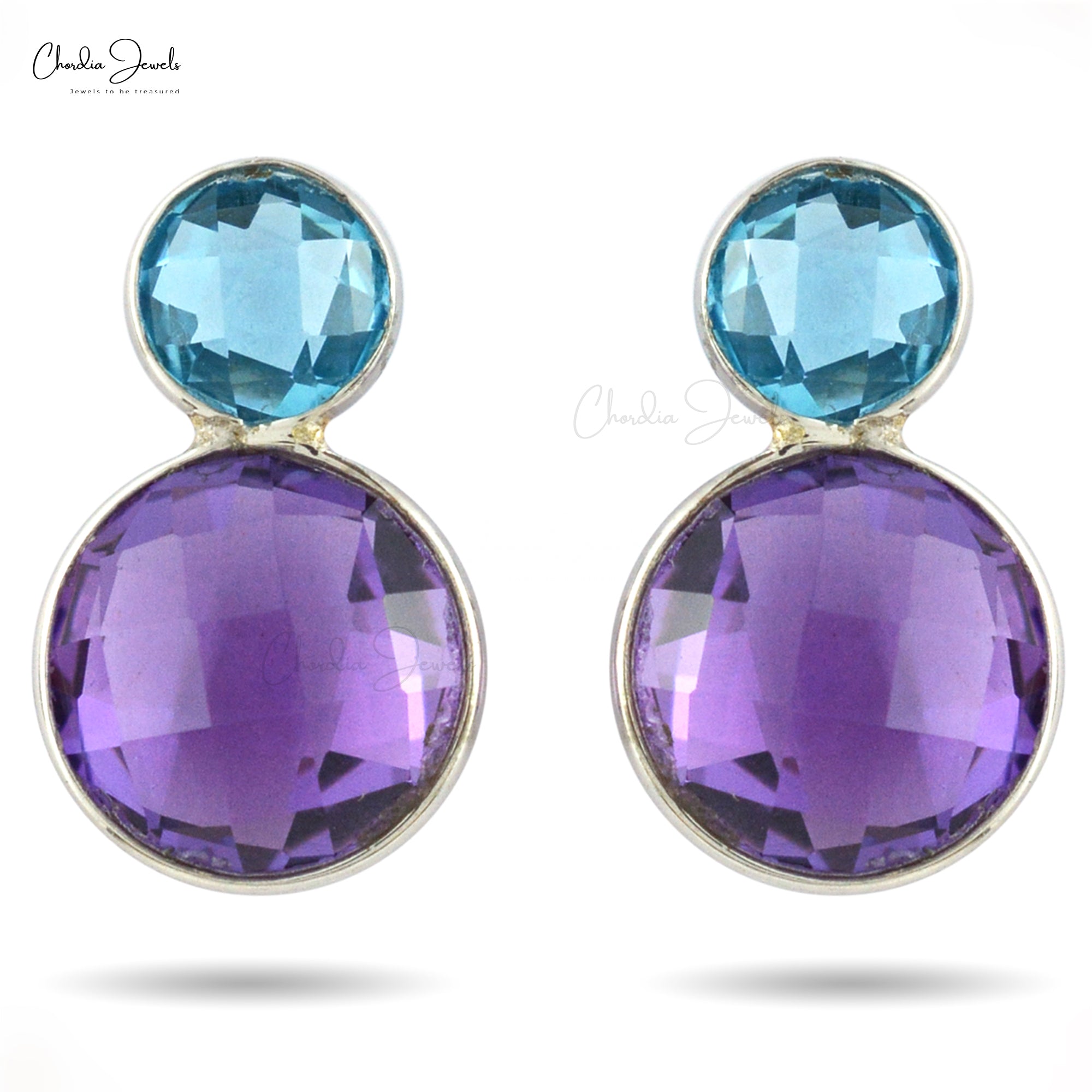AAA Amethyst & Swiss Blue Topaz Briolette 2 Stone Stud Earrings In 925 Sterling Silver