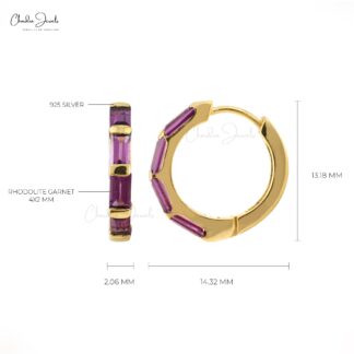 Baguette Gemstone Hoop With 4x2mm Rhodolite Garnet Solid 925 Silver Dainty Earring, 1 Piece