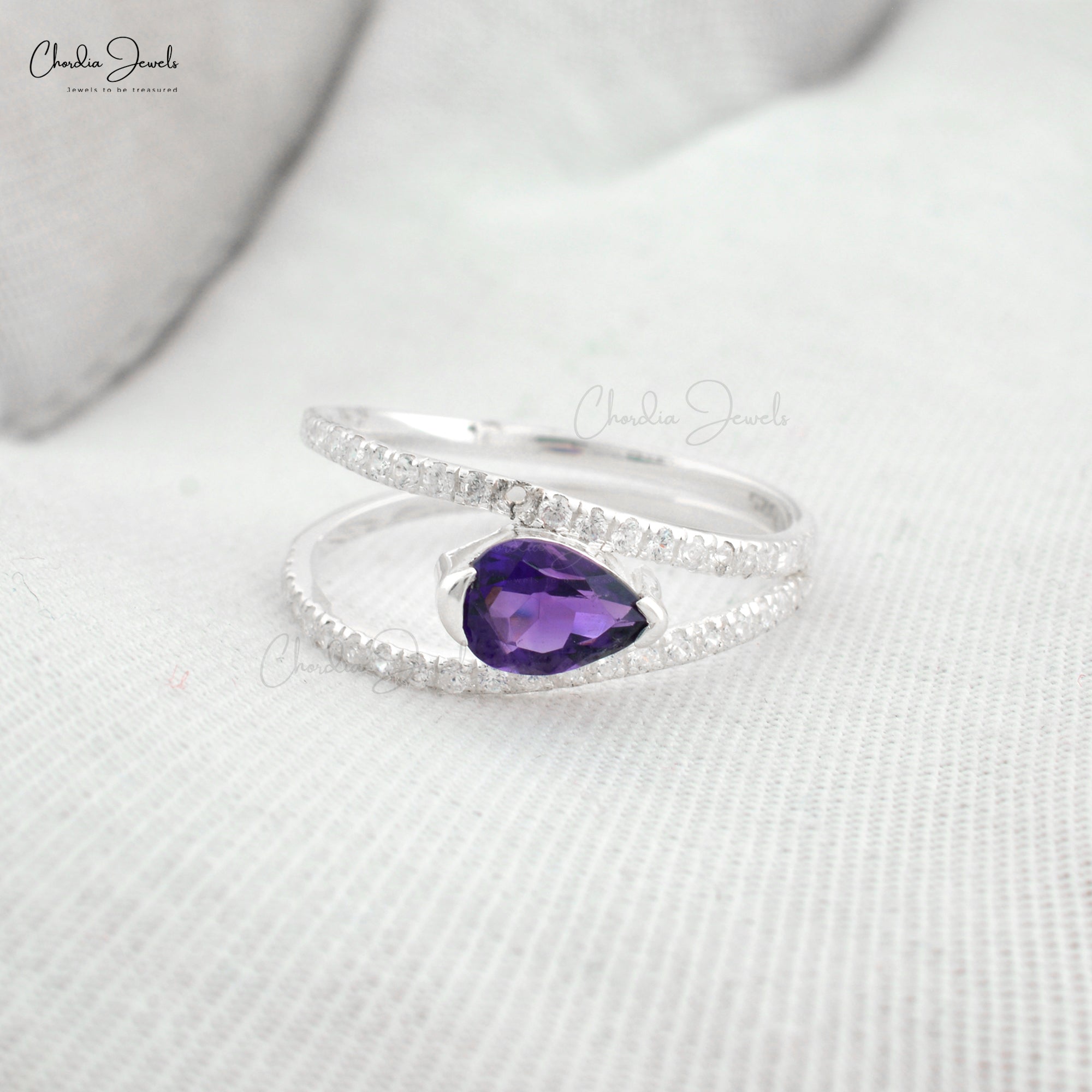 High-Quality 925 Sterling Silver 7x5mm Pear Amethyst Split Shank Ring For Girls Fashion Jewelry At Offer Price