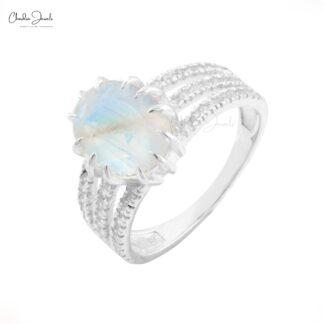 Oval Rainbow Moonstone Halo Ring With Zircon 925 Sterling Silver Split Shank Rings