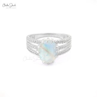 Oval Rainbow Moonstone Halo Ring With Zircon 925 Sterling Silver Split Shank Rings