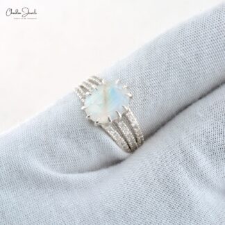 Oval Rainbow Moonstone Halo Ring With Zircon 925 Sterling Silver Split Shank Rings