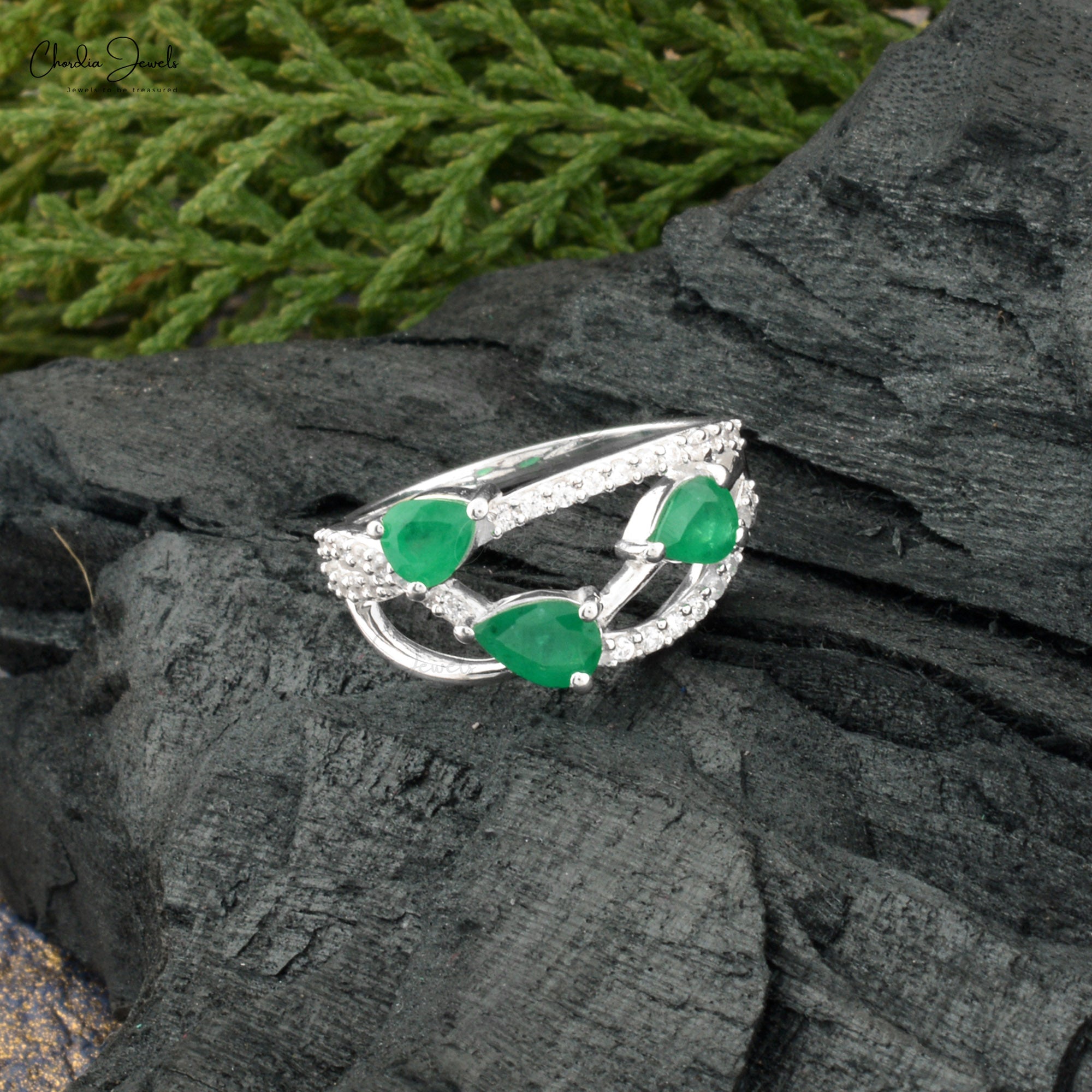 Bypass Trio Gemstone Ring In 925 Sterling Silver Emerald And Zircon Wedding Rings
