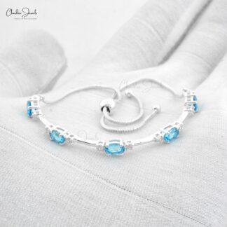 Natural Swiss Blue Topaz And Zircon Prong Set In 925 Sterling Silver Flexible Bracelets