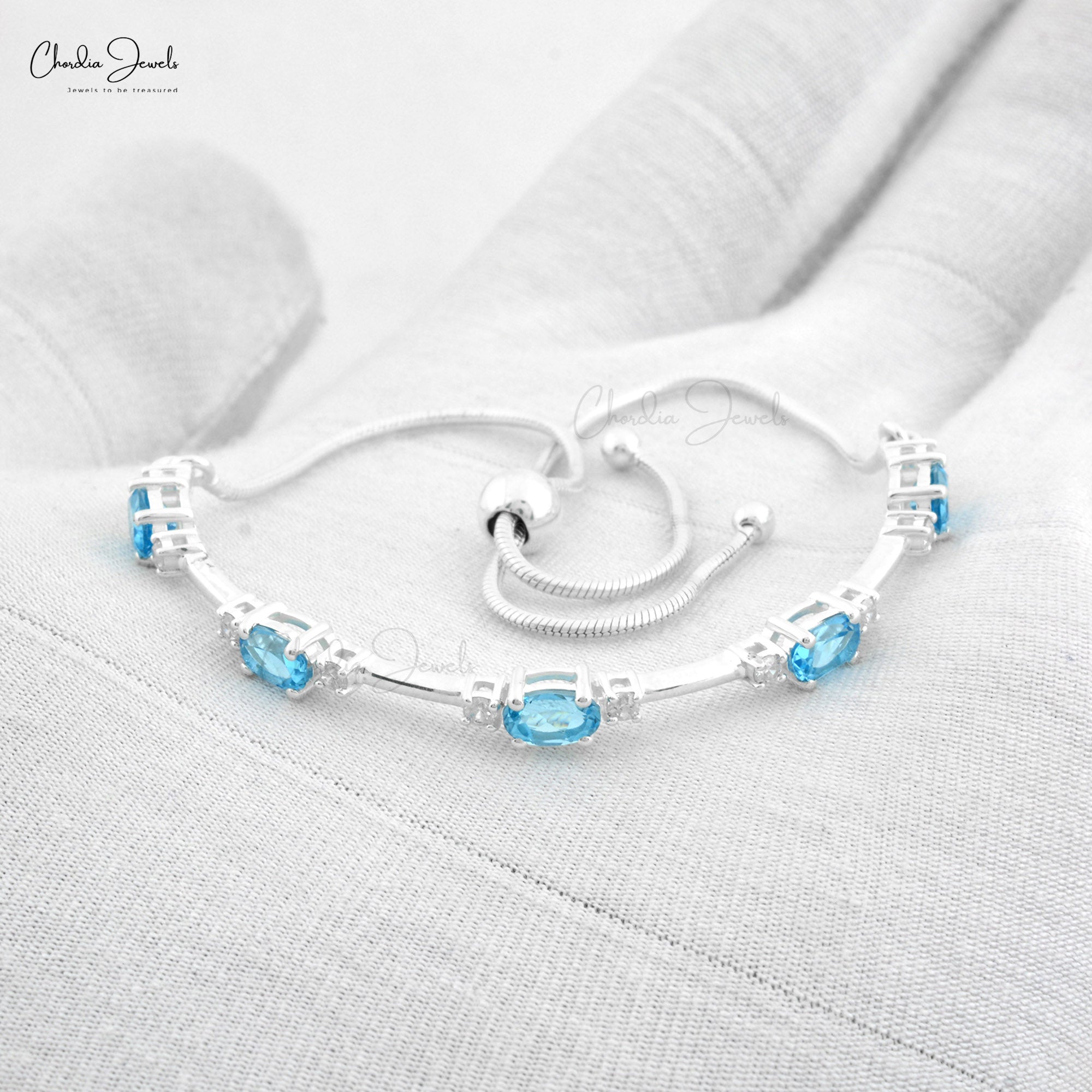 Natural Swiss Blue Topaz And Zircon Prong Set In 925 Sterling Silver Flexible Bracelets