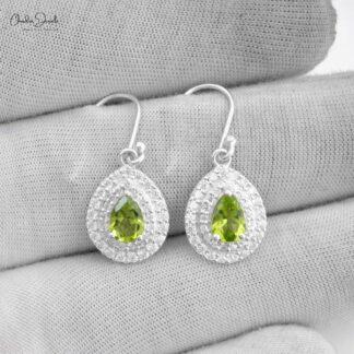 Top Quality 925 Solid Silver Dangle Earring With 7x5mm Peridot And Zircon Halo Earrings