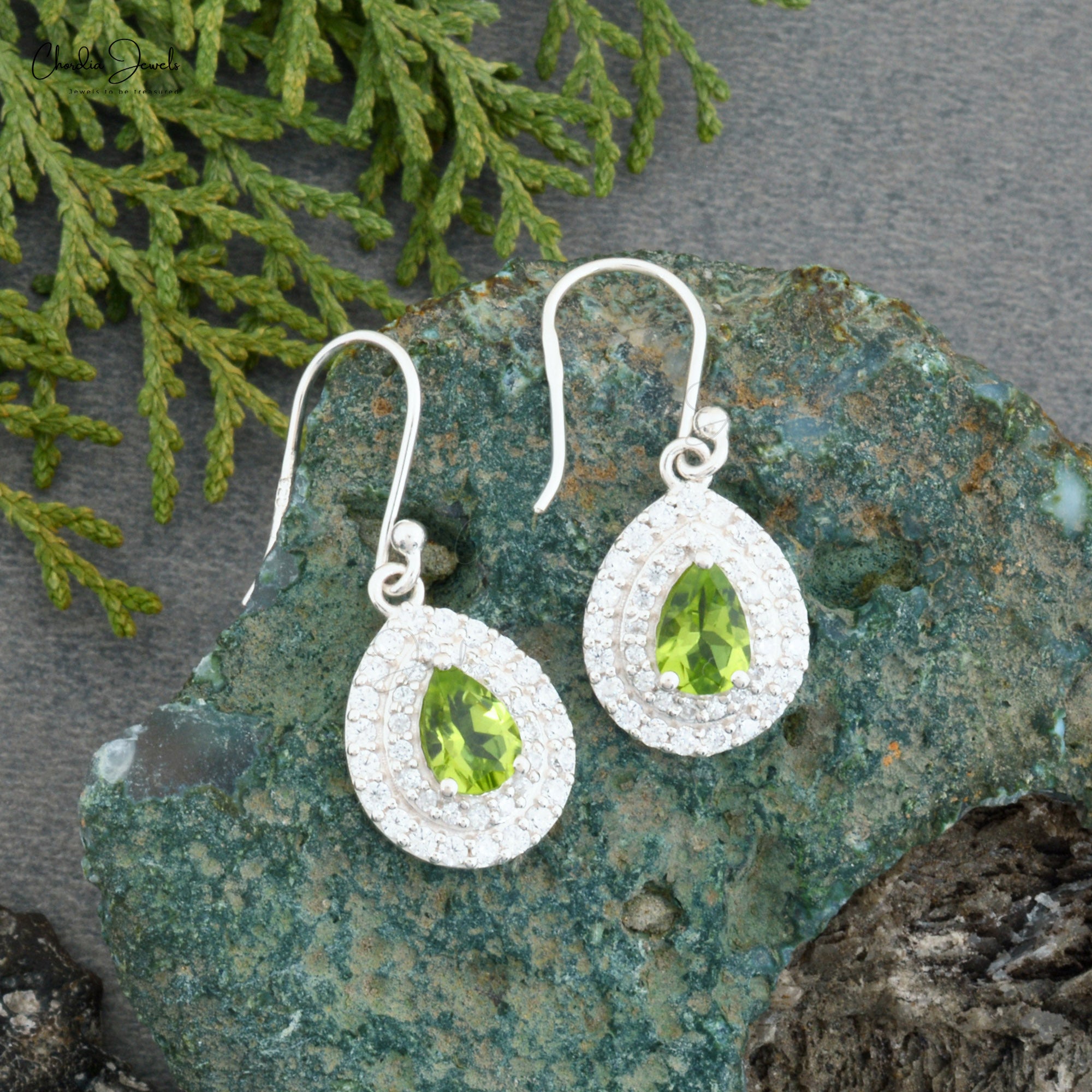 Top Quality 925 Solid Silver Dangle Earring With 7x5mm Peridot And Zircon Halo Earrings