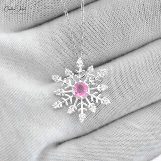 Top Quality 0.55 Ct Pink Sapphire 925 Sterling Silver Snow Flake Zircon Pendant Necklace