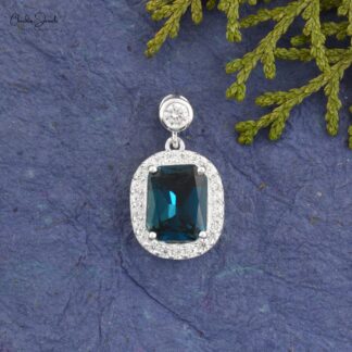 925 Sterling Silver Halo Pendant With 10x8mm London Blue Topaz And Zircon Pendants