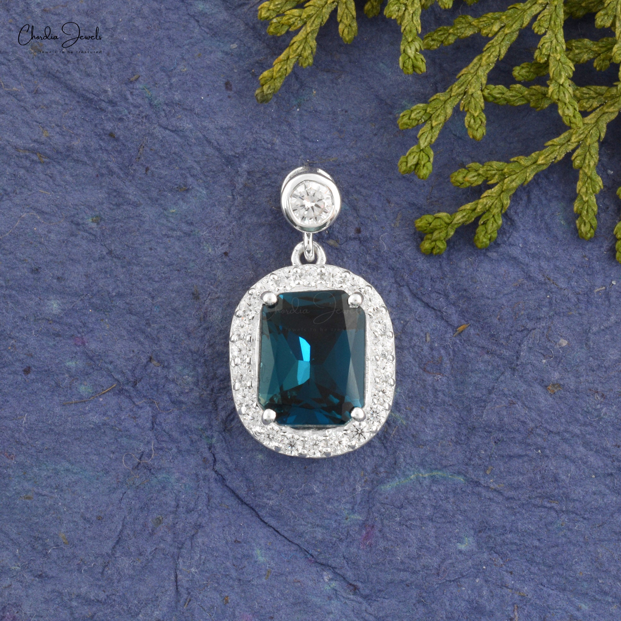 925 Sterling Silver Halo Pendant With 10x8mm London Blue Topaz And Zircon Pendants