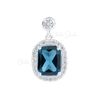 925 Sterling Silver Halo Pendant With 10x8mm London Blue Topaz And Zircon Pendants