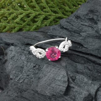 Round Cut Pink Tourmaline Infinity Ring In 925 Sterling Silver Pave Zircon Wedding Ring