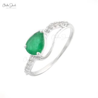 Authentic Pear Emerald and Cubic Zircon Swirl Ring in 925 Sterling Silver Jewelry