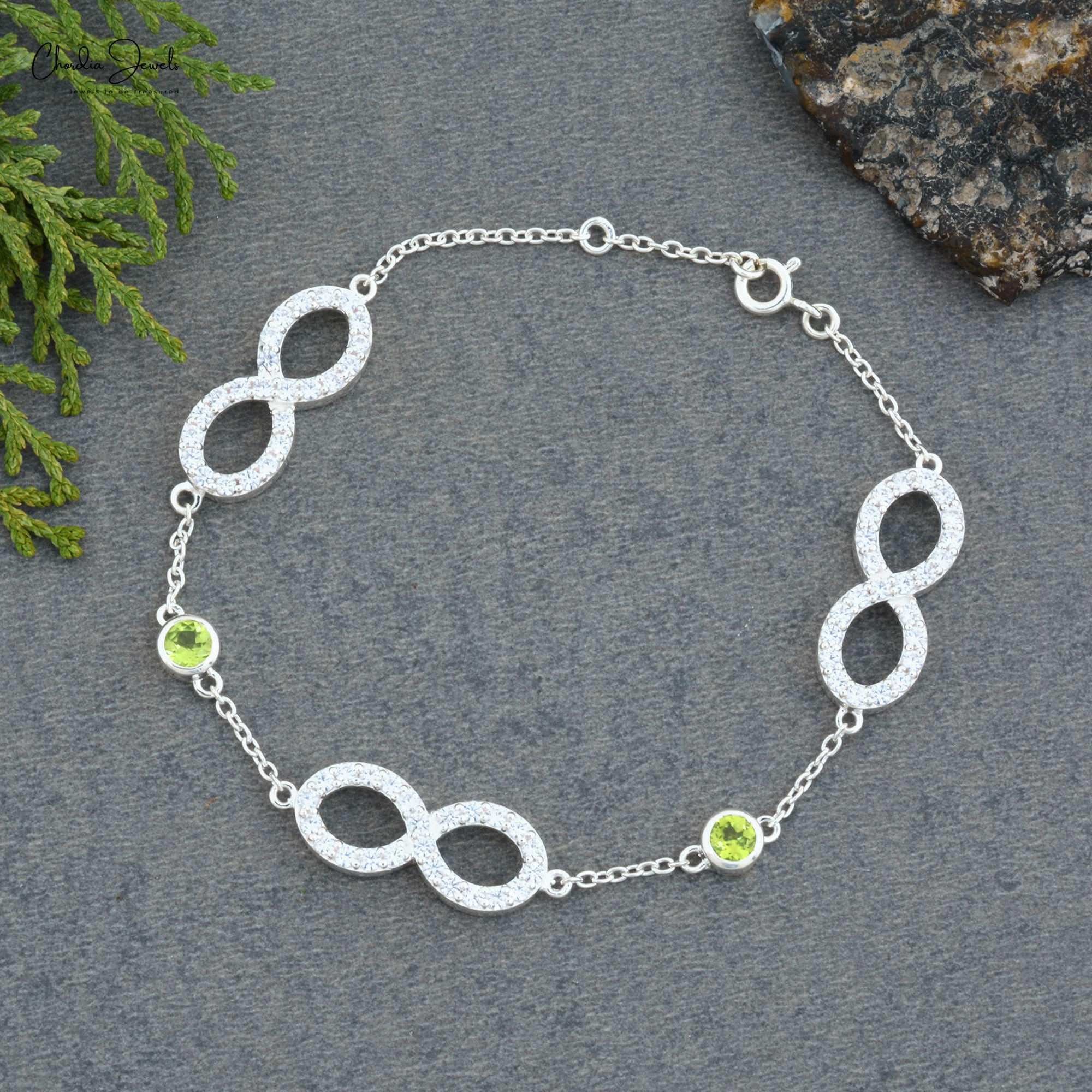 Brilliant Cut Peridot 4mm Gemstone And 925 Sterling Silver Zircon Infinity Bracelet
