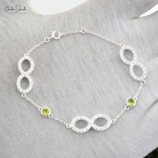 Brilliant Cut Peridot 4mm Gemstone And 925 Sterling Silver Zircon Infinity Bracelet