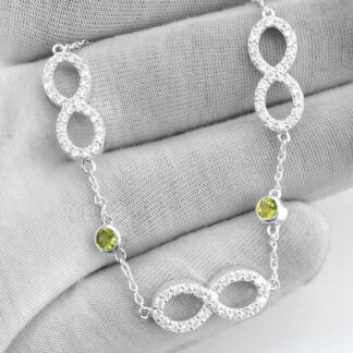Brilliant Cut Peridot 4mm Gemstone And 925 Sterling Silver Zircon Infinity Bracelet