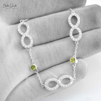 Brilliant Cut Peridot 4mm Gemstone And 925 Sterling Silver Zircon Infinity Bracelet