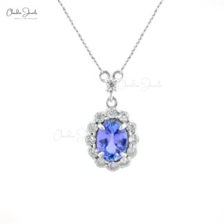 Oval Tanzanite Halo Pendant In 925 Sterling Silver Zircon Half Bezel Dangle Necklace