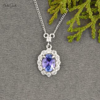 Oval Tanzanite Halo Pendant In 925 Sterling Silver Zircon Half Bezel Dangle Necklace