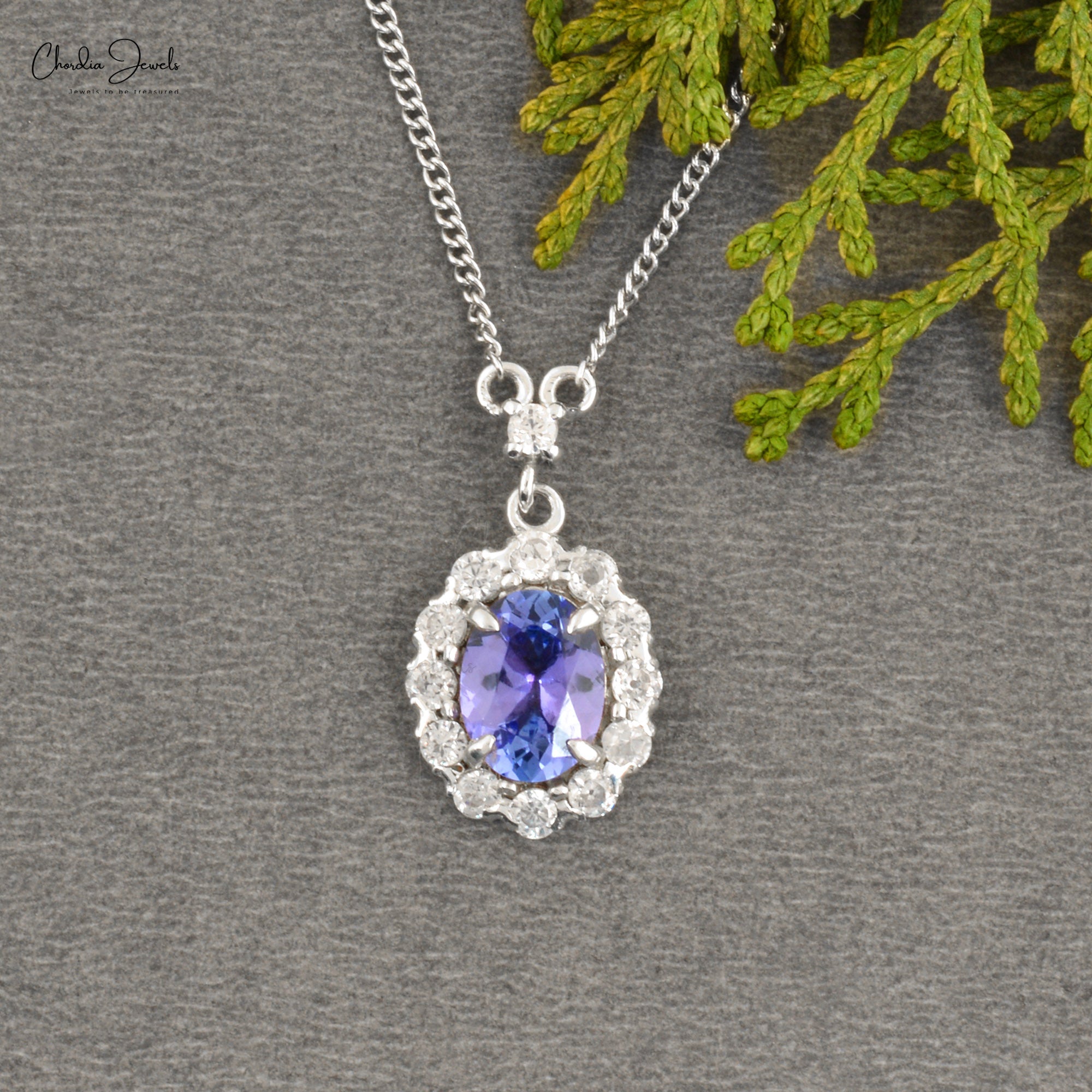 Oval Tanzanite Halo Pendant In 925 Sterling Silver Zircon Half Bezel Dangle Necklace