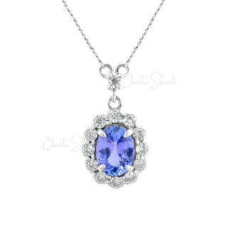 Oval Tanzanite Halo Pendant In 925 Sterling Silver Zircon Half Bezel Dangle Necklace