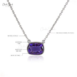 Matinee 3 Stone Necklace In 14k White Gold Amethyst 8x6mm Gemstone Diamond Necklaces
