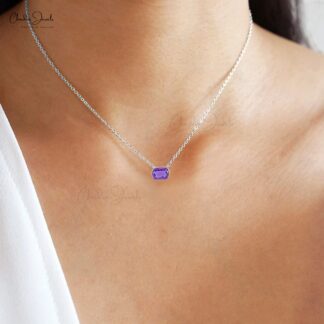 Matinee 3 Stone Necklace In 14k White Gold Amethyst 8x6mm Gemstone Diamond Necklaces