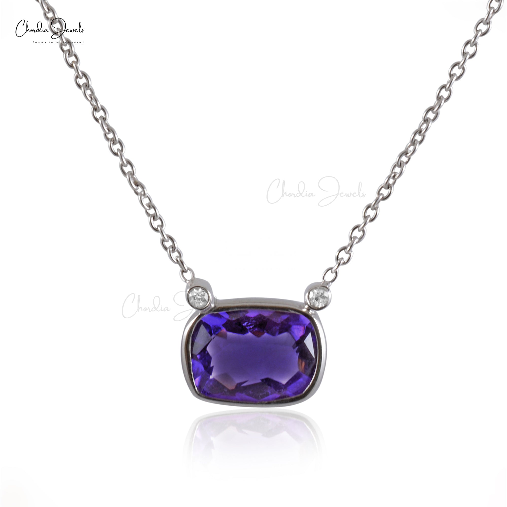 Matinee 3 Stone Necklace In 14k White Gold Amethyst 8x6mm Gemstone Diamond Necklaces