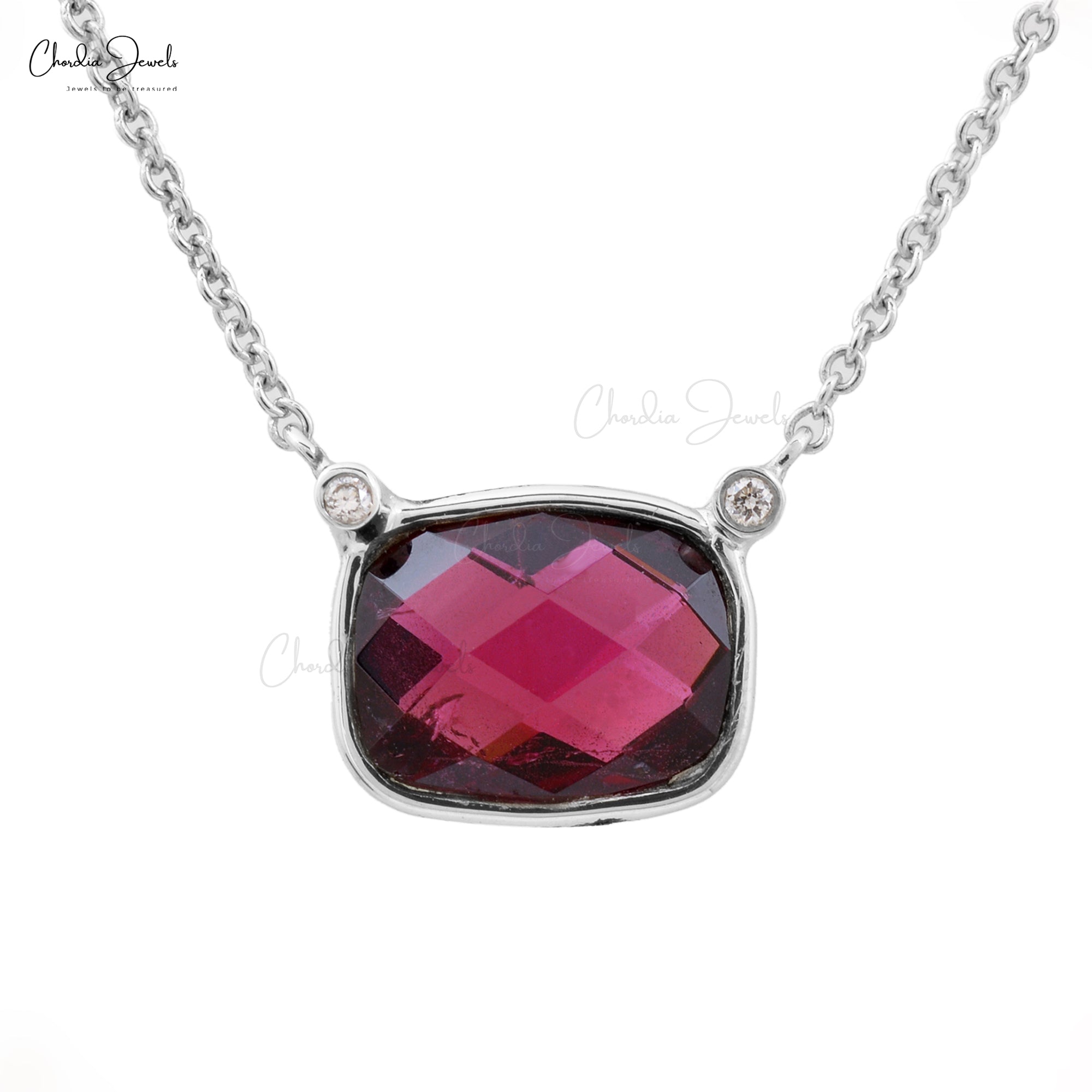 Trio Stone Wedding Necklace With 1.8 Ct Rhodolite Garnet And Diamond 14k White Gold Necklaces