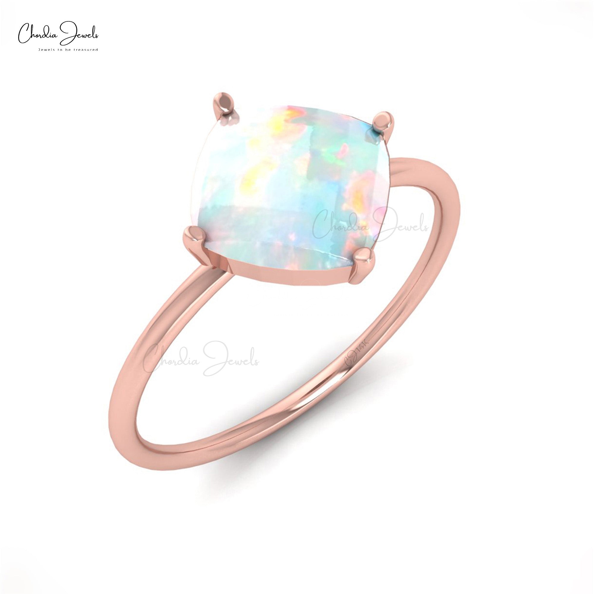Solid 14k Gold Ethiopian Opal 8mm Cushion Cut Gemstone Solitaire Engagement Ring