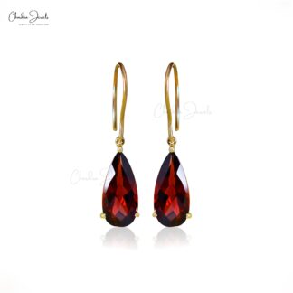 Tear Drop Solitaire Earring With 14x7mm Garnet Gemstone Hook Earrings In 14k Yellow Gold
