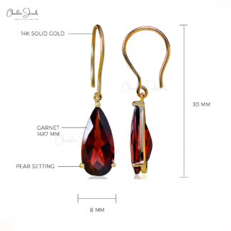Tear Drop Solitaire Earring With 14x7mm Garnet Gemstone Hook Earrings In 14k Yellow Gold