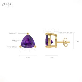 Natural Purple Amethyst 0.44 Ct Gemstone Studs, 14k Real Gold Stud Earrings With Push Back, 4mm Trillion Cut February Birthstone Fine Jewelry For Her