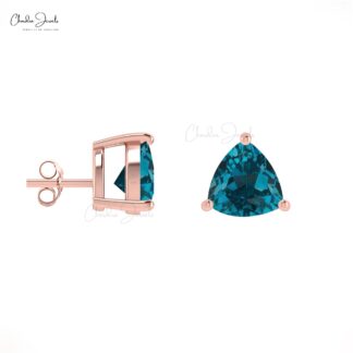 Solid 14k Gold Natural London Blue Topaz Earrings 0.28 Ct Trillion Gemstone Minimal Earrings Handmade Jewelry For Women