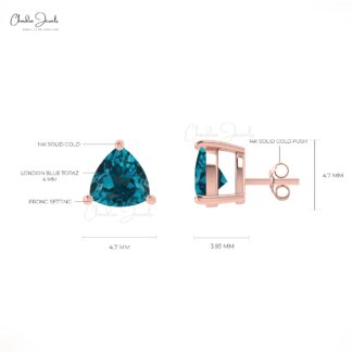 Solid 14k Gold Natural London Blue Topaz Earrings 0.28 Ct Trillion Gemstone Minimal Earrings Handmade Jewelry For Women