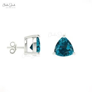 Solid 14k Gold Natural London Blue Topaz Earrings 0.28 Ct Trillion Gemstone Minimal Earrings Handmade Jewelry For Women