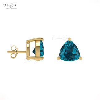 Solid 14k Gold Natural London Blue Topaz Earrings 0.28 Ct Trillion Gemstone Minimal Earrings Handmade Jewelry For Women