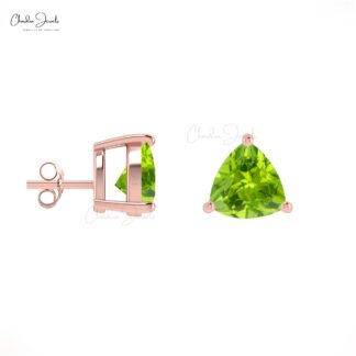 Natural Peridot Solitaire Earrings 14k Real Gold Vintage Earrings For Daughter Trillion Cut Gemstone Studs August Birthstone For Gift