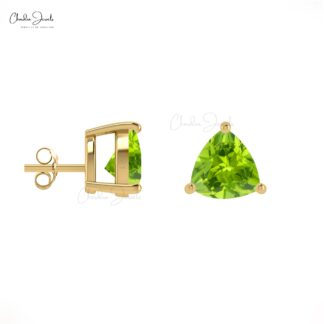 Natural Peridot Solitaire Earrings 14k Real Gold Vintage Earrings For Daughter Trillion Cut Gemstone Studs August Birthstone For Gift