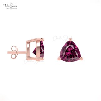 AAA Rhodolite Garnet Earrings For Gift 14k Real Gold Earrings Set 4mm Trillion Cut Gemstone Studs Hallmarked Jewelry