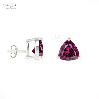 AAA Rhodolite Garnet Earrings For Gift 14k Real Gold Earrings Set 4mm Trillion Cut Gemstone Studs Hallmarked Jewelry