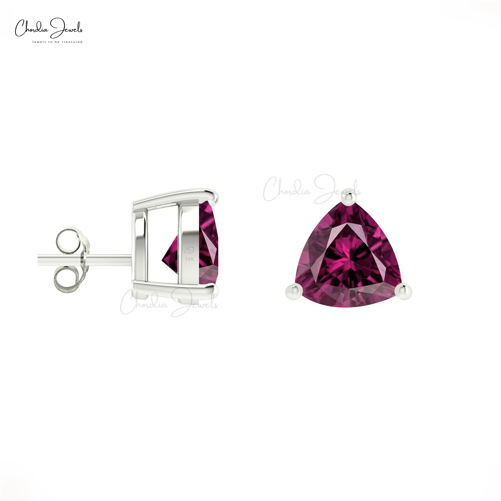 AAA Rhodolite Garnet Earrings For Gift 14k Real Gold Earrings Set 4mm Trillion Cut Gemstone Studs Hallmarked Jewelry
