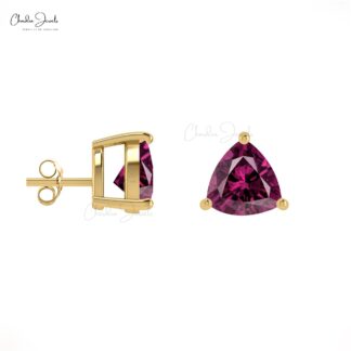 AAA Rhodolite Garnet Earrings For Gift 14k Real Gold Earrings Set 4mm Trillion Cut Gemstone Studs Hallmarked Jewelry