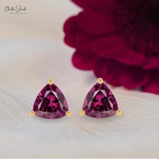 AAA Rhodolite Garnet Earrings For Gift 14k Real Gold Earrings Set 4mm Trillion Cut Gemstone Studs Hallmarked Jewelry
