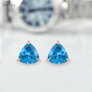 Genuine Swiss Blue Topaz Stud Earrings 14k Solid Gold 4mm Trillon Gemstone Earrings