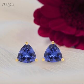 Trillion-Cut Tanzanite Stud Earrings in 14k Solid Gold Mini 0.48ct Gemstone Earrings