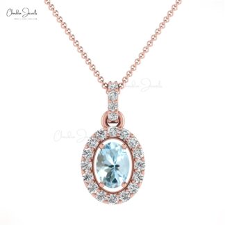 Halo Unique Pendant In 14k Solid Gold Aquamarine 0.75 Ct Gemstone Diamond Necklace
