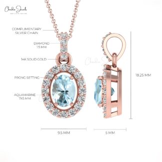 Halo Unique Pendant In 14k Solid Gold Aquamarine 0.75 Ct Gemstone Diamond Necklace