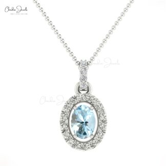 Halo Unique Pendant In 14k Solid Gold Aquamarine 0.75 Ct Gemstone Diamond Necklace
